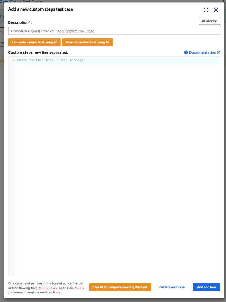 OpenCart testing steps added to a testRigor test case